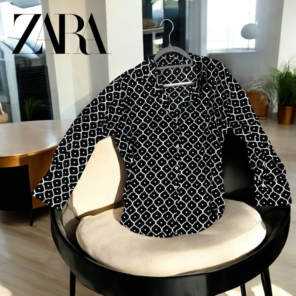 New Zara Black and White Patterned Blouse